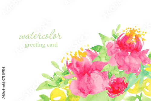Painted watercolor composition of flowers. Greeting card. Valentine s Day  Mother s Day  wedding  birthday. Flower branch. Watercolor peonies