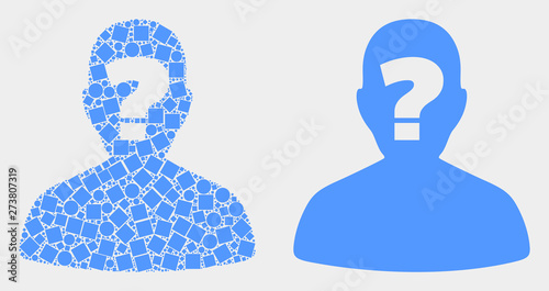 Dotted and flat unknown person icons. Vector mosaic of unknown person combined of randomized small squares and circle elements.