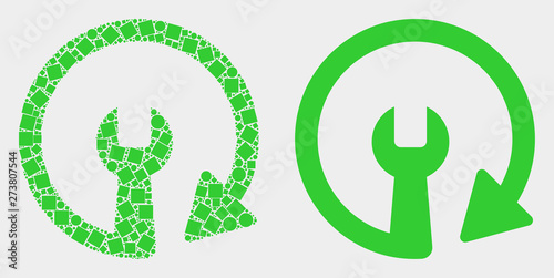 Dot and flat update repair wrench icons. Vector mosaic of update repair wrench combined with irregular rectangle elements and spheric elements.