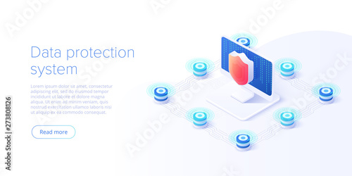 Network data security isometric vector illustration. Online server protection system concept with datacenter or blockchain. Secure bank transaction with password verification via internet.