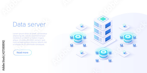 Hosting server isometric vector illustration. Abstract 3d datacenter or data center room background. Network mainframe infrastructure website header layout. Computer storage or farming workstation.
