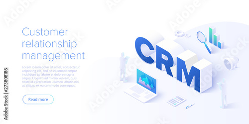 CRM isometric vector illustration. Customer relationship management concept background. Customer and company interaction approach.