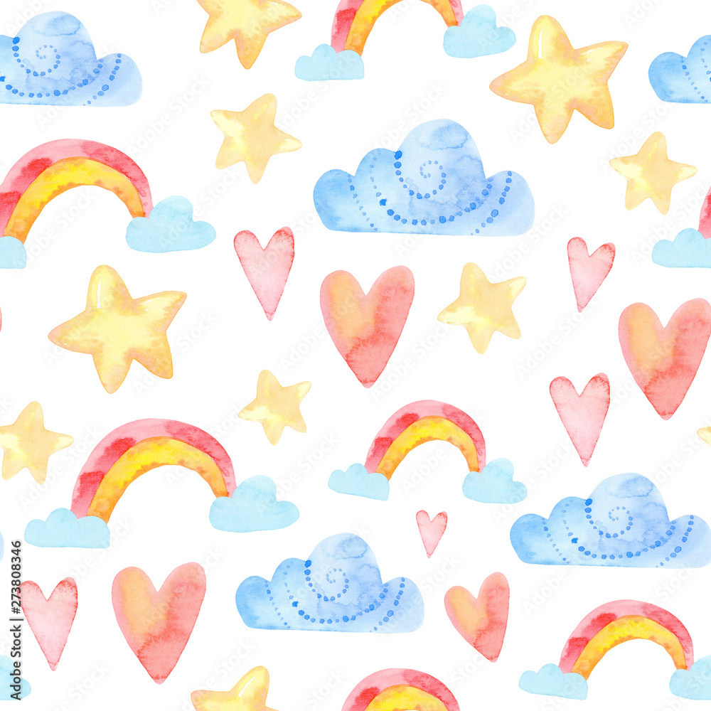 Fototapeta premium perfect for prints, greetings, invitations, wrapping paper, textile. watercolor seamless pattern. cute childish illustration. fabulous rainbow character. Cartoon unicorn, cloud, star, heart.