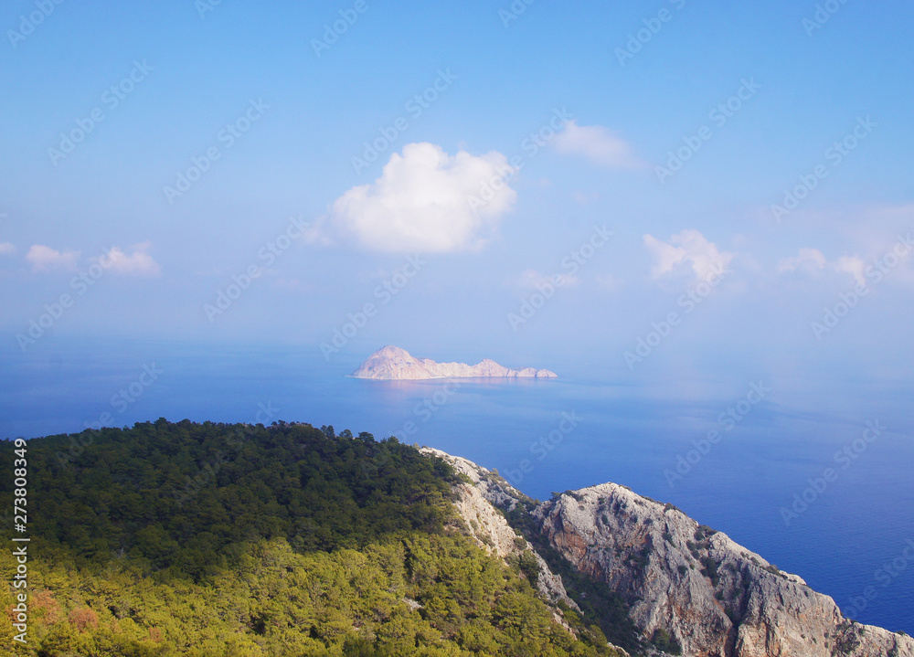 Beautiful summer seascape. Mountain coast of the blue sea. Rocks and forest near the ocean coast.