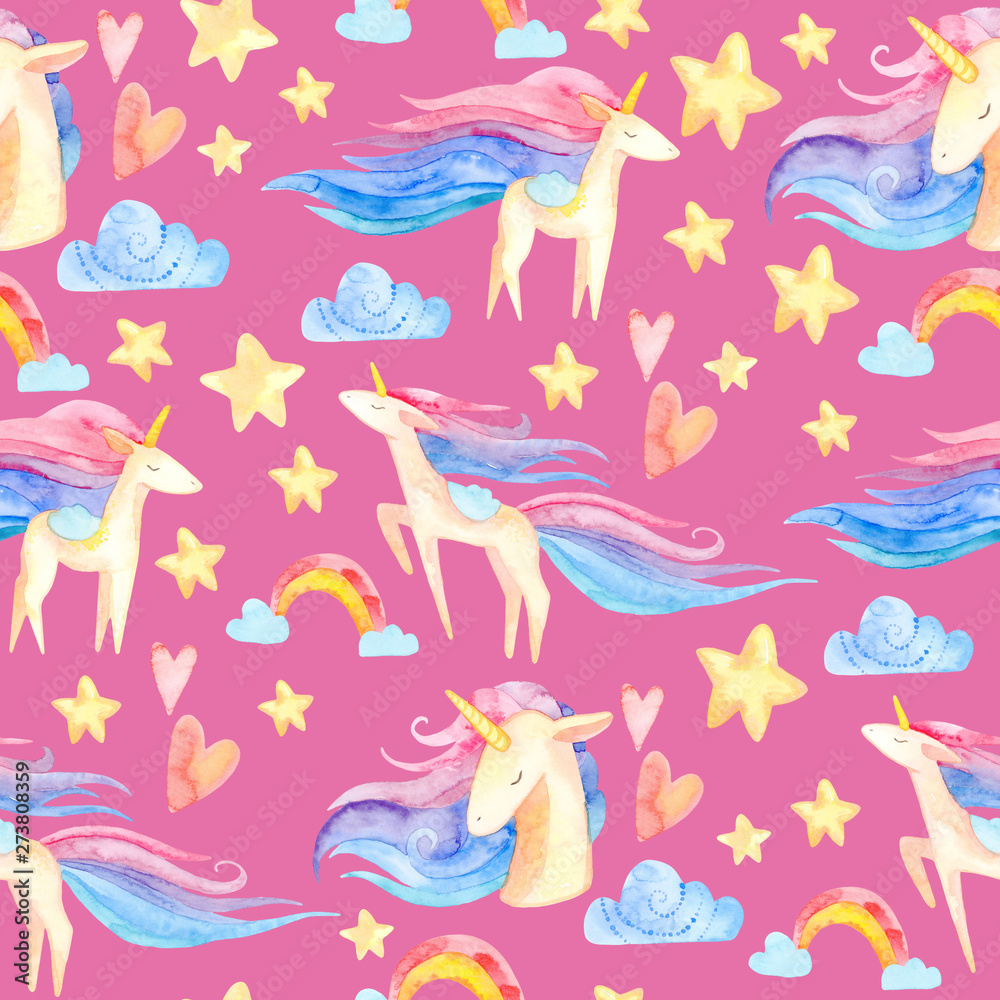 Obraz premium watercolor seamless pattern. cute childish illustration. fabulous rainbow character. Cartoon unicorn, cloud, star, heart. perfect for prints, greetings, invitations, wrapping paper, textile