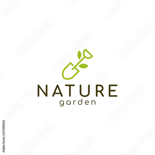 Modern and feminine logo design for gardening equipment with combination of shovel and leaf