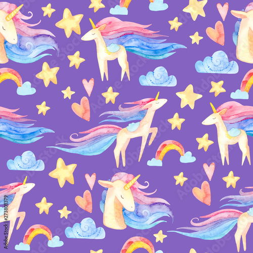 watercolor seamless pattern. cute childish illustration. fabulous rainbow character. Cartoon unicorn, cloud, star, heart. perfect for prints, greetings, invitations, wrapping paper, textile