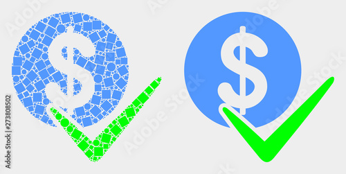 Pixel and flat valid dollar coin icons. Vector mosaic of valid dollar coin combined of random small squares and circle elements.