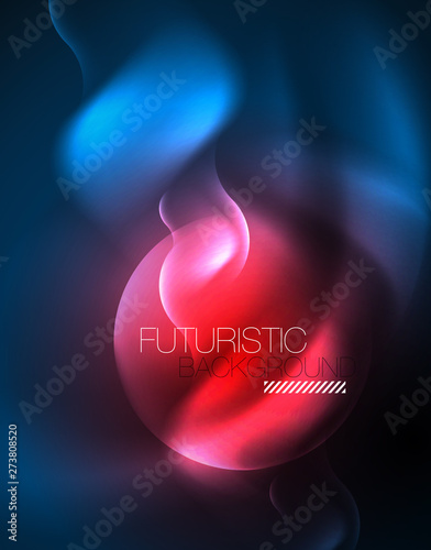 Neon glowing wave lines, blue hi-tech futuristic abstract background template
