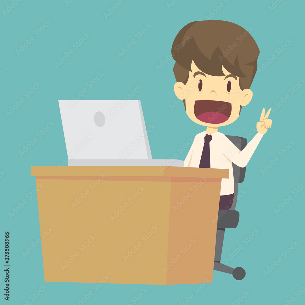 Businessman work hard shows sign of victory on his fingers.cartoon of business,employee success is the concept of the man character business,can be used as a background,infographic.illustration vector Businessman work hard shows sign of victory on his fingers.cartoon of business,employee success is the concept of the man character business,can be used as a background,infographic.illustration vector