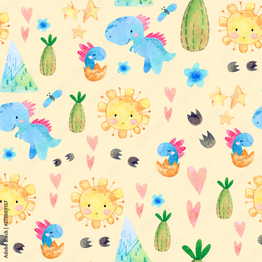 Hand drawn seamless pattern with dinosaurs and floral elements. Perfect for kids fabric, textile, nursery wallpaper. Cute watercolor illustration Hand drawn seamless pattern with dinosaurs and floral elements. Perfect for kids fabric, textile, nursery wallpaper. Cute watercolor illustration