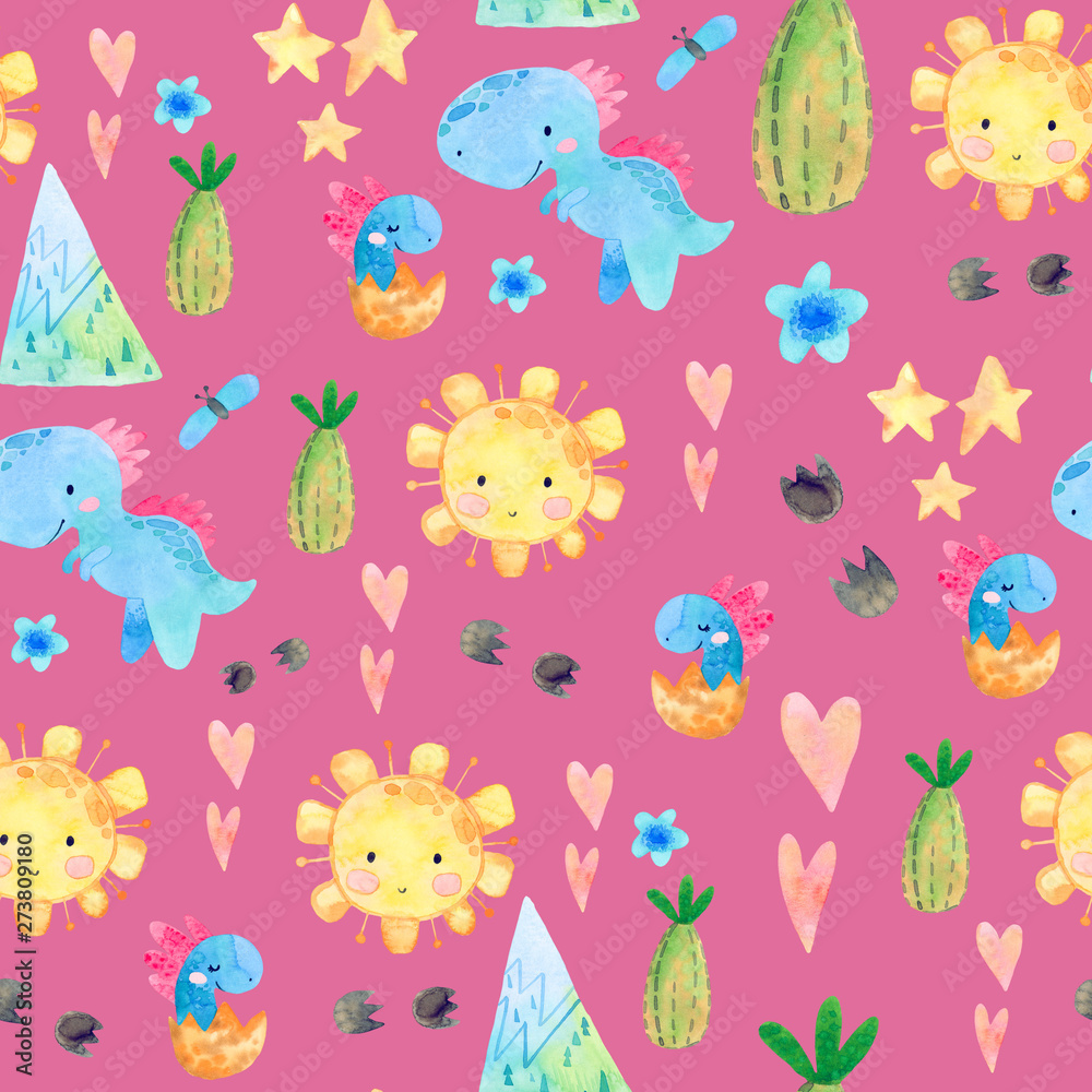 Hand drawn seamless pattern with dinosaurs and floral elements. Perfect for kids fabric, textile, nursery wallpaper. Cute watercolor illustration Hand drawn seamless pattern with dinosaurs and floral elements. Perfect for kids fabric, textile, nursery wallpaper. Cute watercolor illustration