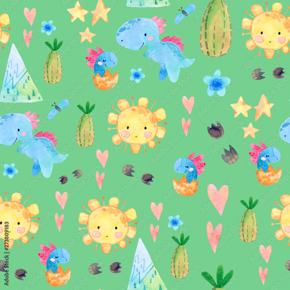 Hand drawn seamless pattern with dinosaurs and floral elements. Perfect for kids fabric, textile, nursery wallpaper. Cute watercolor illustration Hand drawn seamless pattern with dinosaurs and floral elements. Perfect for kids fabric, textile, nursery wallpaper. Cute watercolor illustration