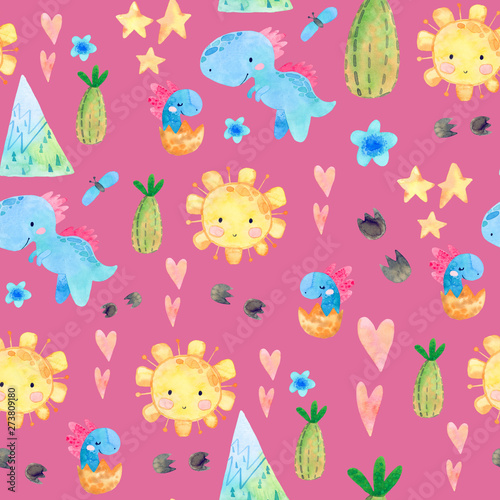 Hand drawn seamless pattern with dinosaurs and floral elements. Perfect for kids fabric  textile  nursery wallpaper. Cute watercolor illustration
