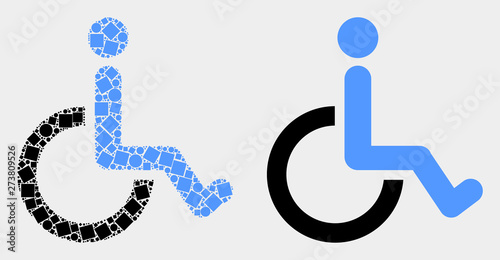 Pixel and flat wheelchair icons. Vector mosaic of wheelchair designed of irregular dots and circle dots.