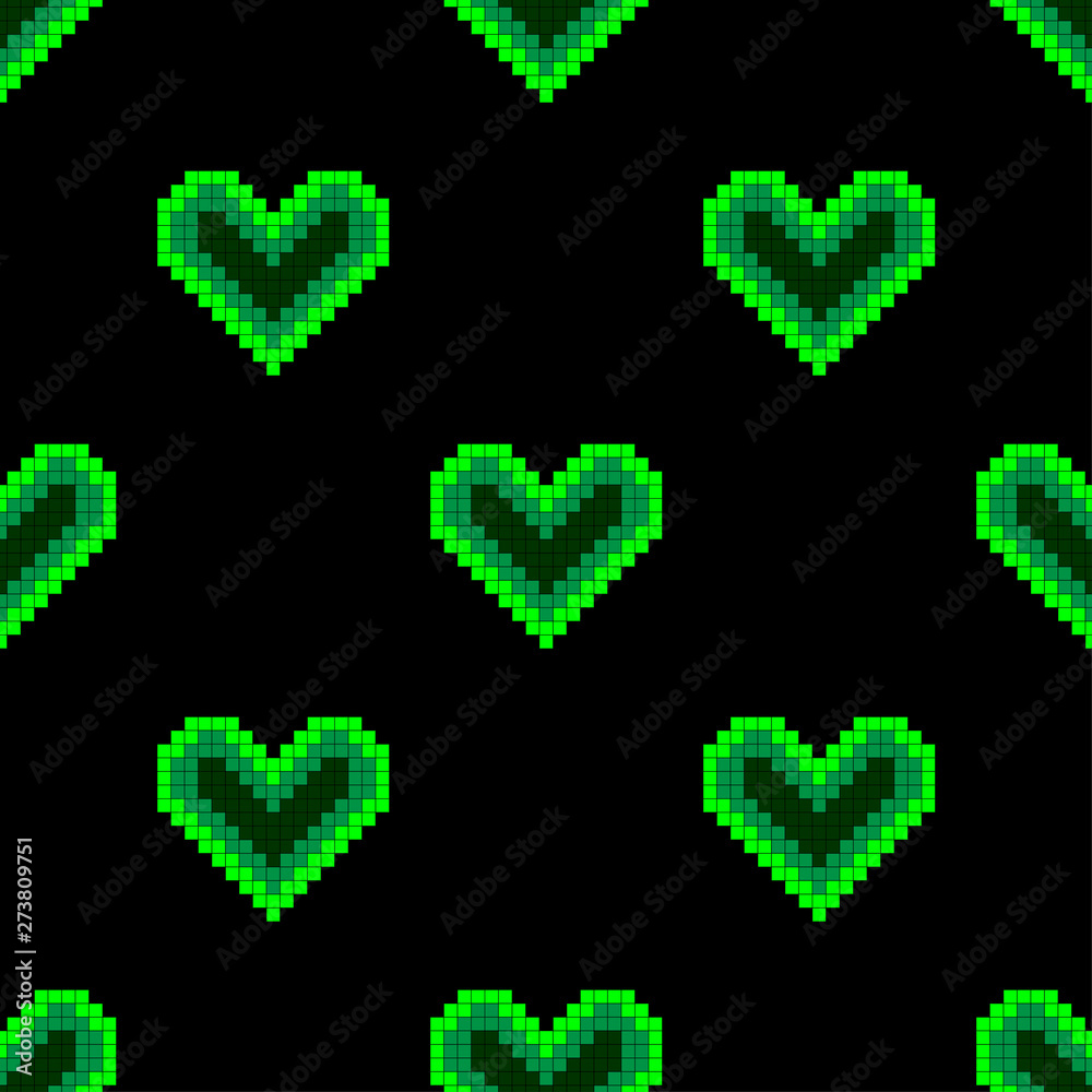 Seamless pattern background with pixel hearts, which glow bright neon light on a dark background. Design elements for the Valentines Day banner, poster, flyer. Seamless pattern background with pixel hearts, which glow bright neon light on a dark background. Design elements for the Valentines Day banner, poster, flyer.