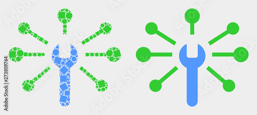Dotted and flat wrench links icons. Vector mosaic of wrench links created of scattered small squares and spheric pixels.