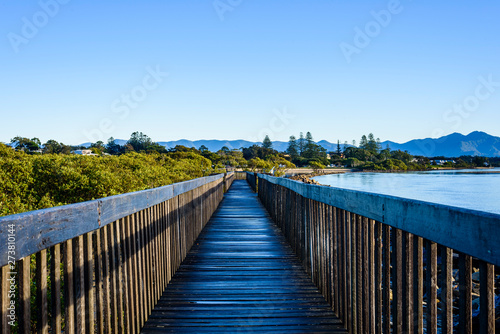 Landscape of Urunga lagoon with boardwalk. It is a famous holiday destination in New South Wales, Australia.