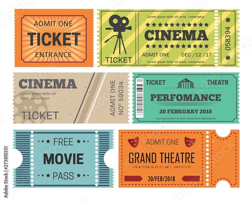 Theater and cinema tickets admission or paper pass isolated objects