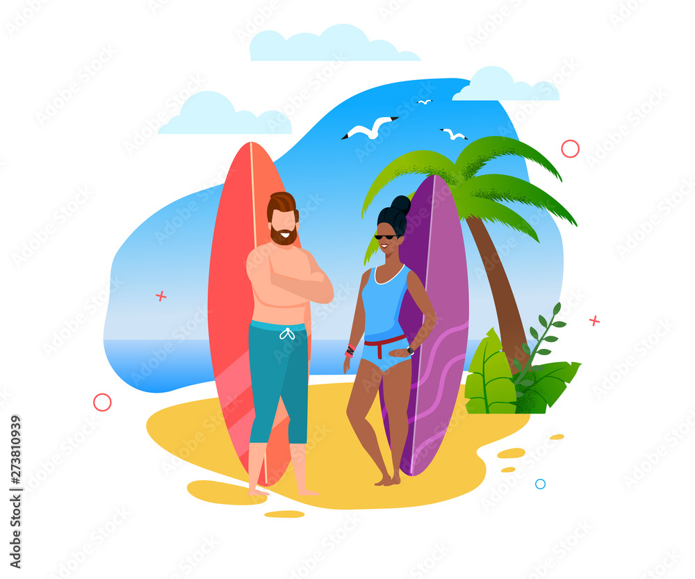 Multiracial Surfers Couple Standing on Sunny Beach