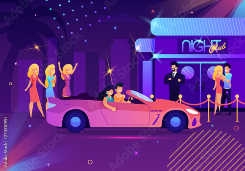 Couple in Car, Girls Coming in Nightclub Cartoon
