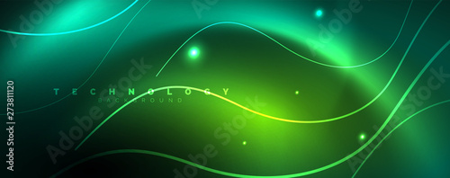 Shiny neon lines template - northern lights glowing blur lines. Futuristic style glow neon 80s disco club or night party techno template