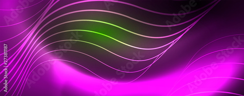 Shiny neon lines template - northern lights glowing blur lines. Futuristic style glow neon 80s disco club or night party techno template