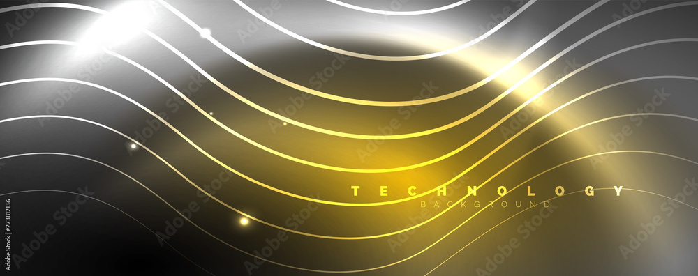 Shiny neon lights, dark abstract background with blurred magic neon light curved lines