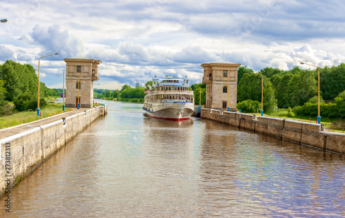 Channel named Moscow. Gateways.Scenic view from the ship to the channel named after Moscow. In the summer on a sunny day. Russia, Moscow region. The concept of tourism. photo