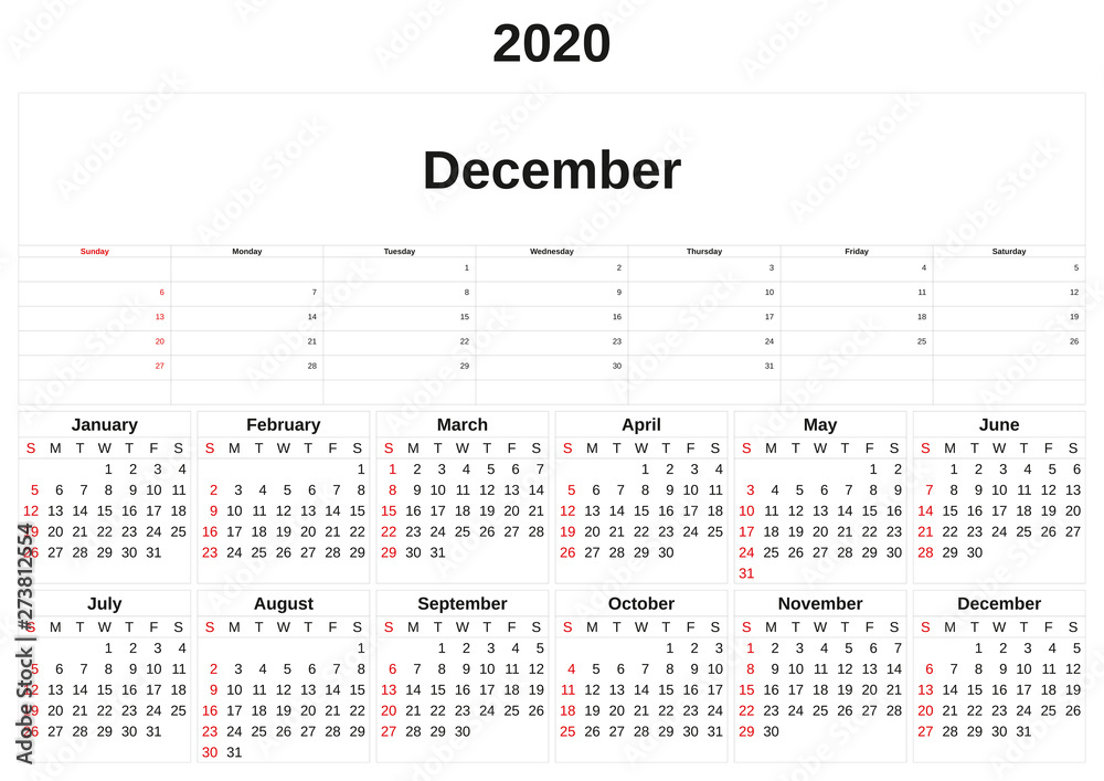 2020 a monthly calendar with white background. 2020 a monthly calendar with white background.