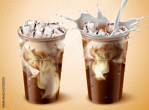 Milk pouring into iced coffee