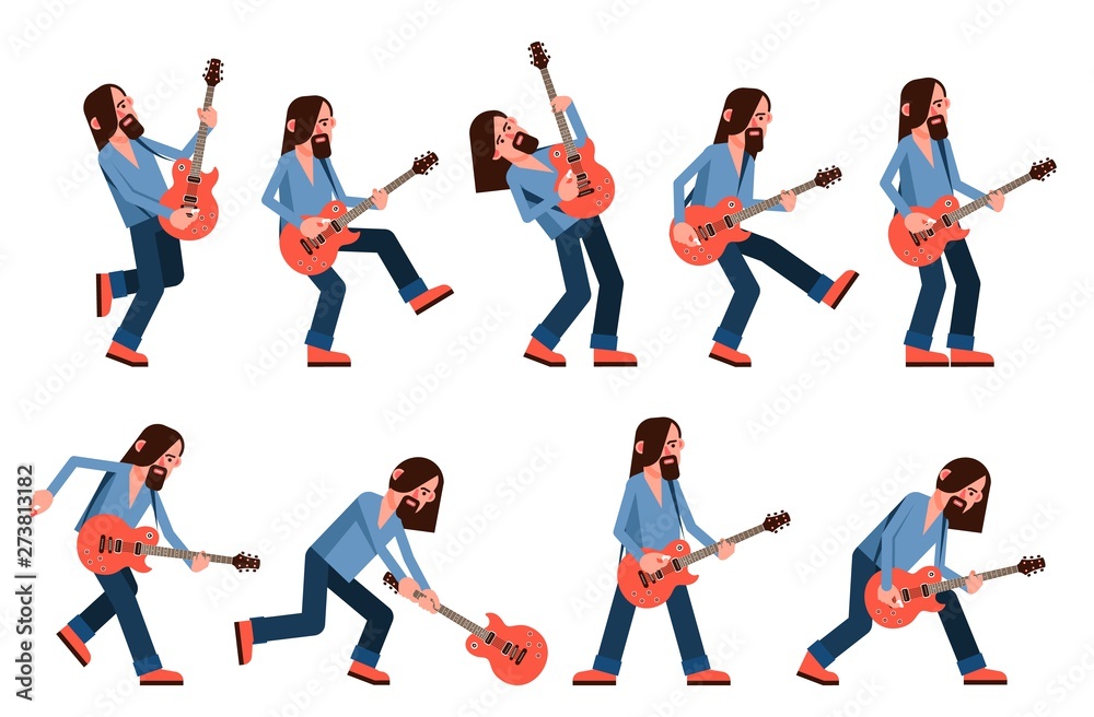 Singer with acoustic guitar in various poses Vector Image