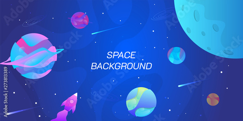 Vector illustration. Horizontal space background with abstract shape and planets. Web design. Space exploring. 
