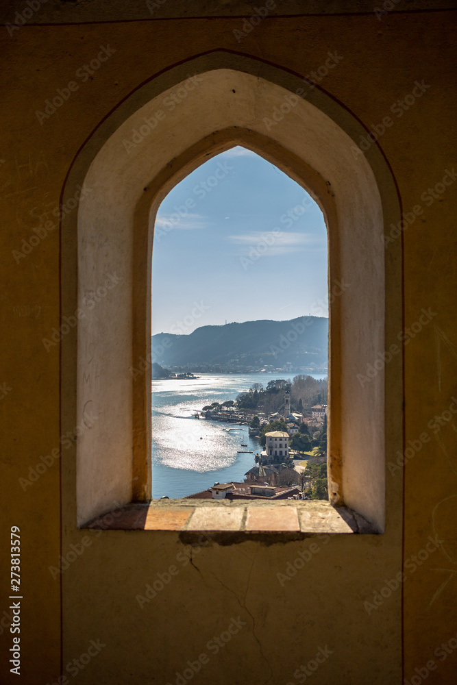 View of Cernobbio from the window of an abandoned fortress tower. Lake Como, Northern Italy.
