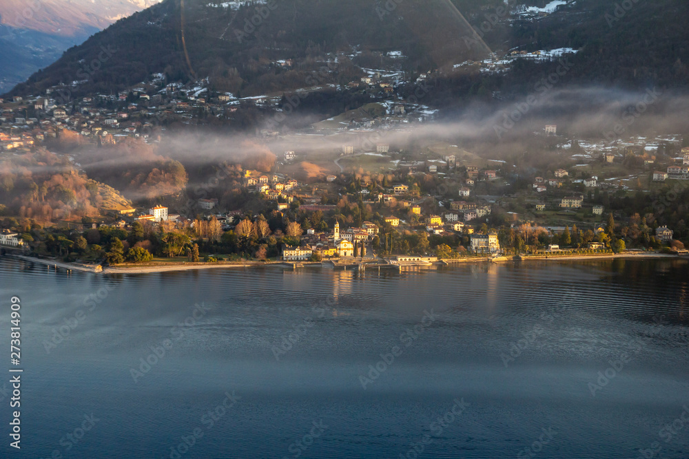 San Giovanni at sunset. Flight over Lake Como, Italy.