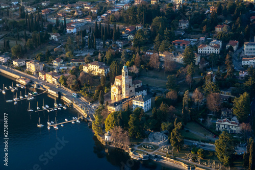 Church of San Lorenzo, flying over Lake Como. Tremezzo, Italy.