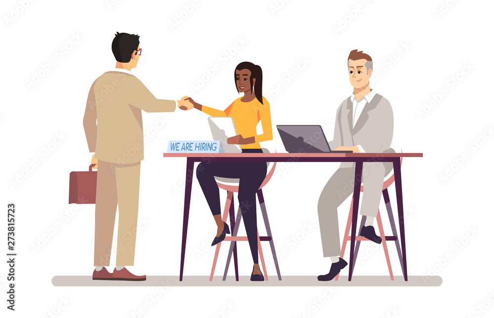 HR manager interviewing job applicant flat vector illustration. Boss with personal assistant hiring employee cartoon character. Employer and interviewer. Employment, headhunting service concept