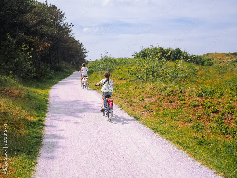 Back view cyclists family traveling on the road in the dune area of Schiermonnikoog island. Active family sport. Summer travel and vacation concept