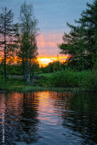 Summer landscape - evening on the lake in the forest