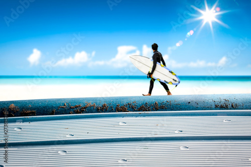 Surfer board of free space for your decoration and summer time. Sunny warm day and ocean landscape.  #273815797