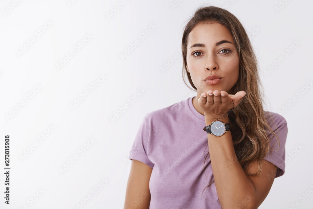Waist-up charming sensual romantic young european woman extend hand horizontal folding lips sending air kiss you, mwah, romance love concept, seducing sympathizing, standing white background Waist-up charming sensual romantic young european woman extend hand horizontal folding lips sending air kiss you, mwah, romance love concept, seducing sympathizing, standing white background
