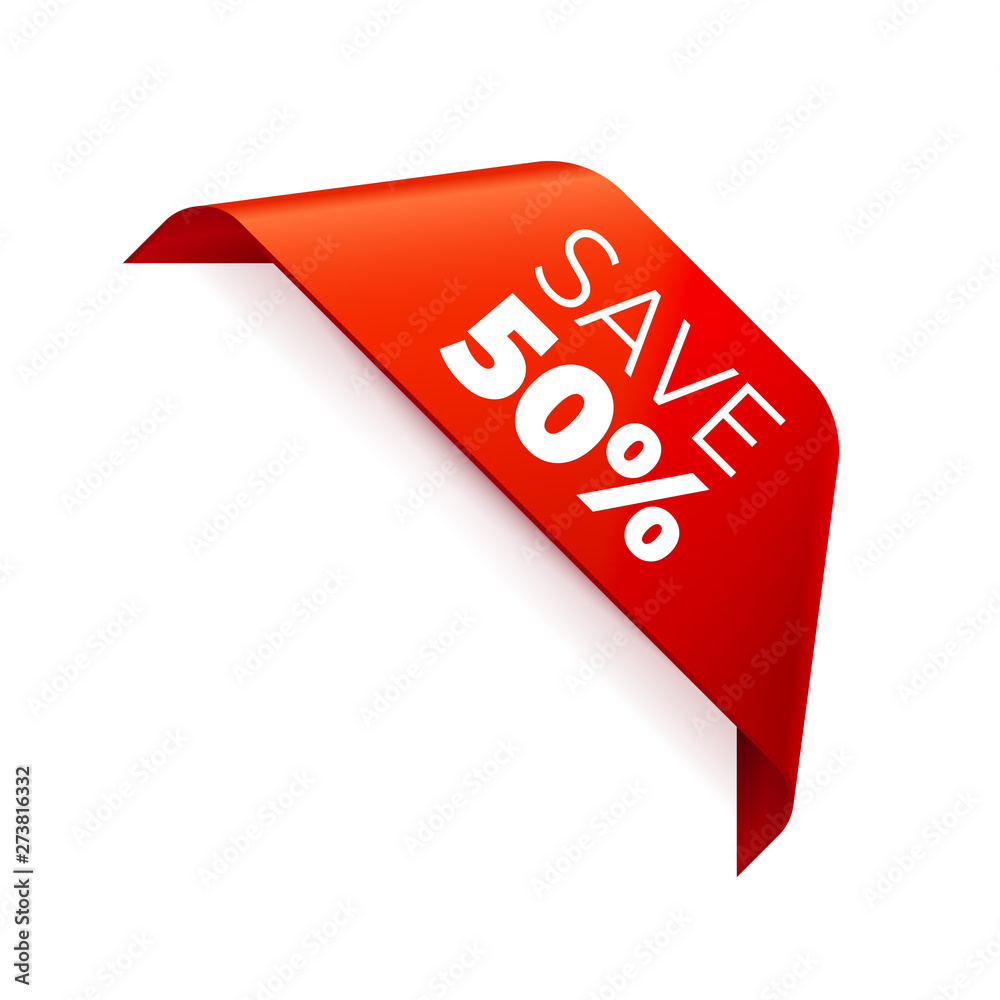 Red Vector Banner Ribbon on white background, corner ribbon, save 50 percent Red Vector Banner Ribbon on white background, corner ribbon, save 50 percent
