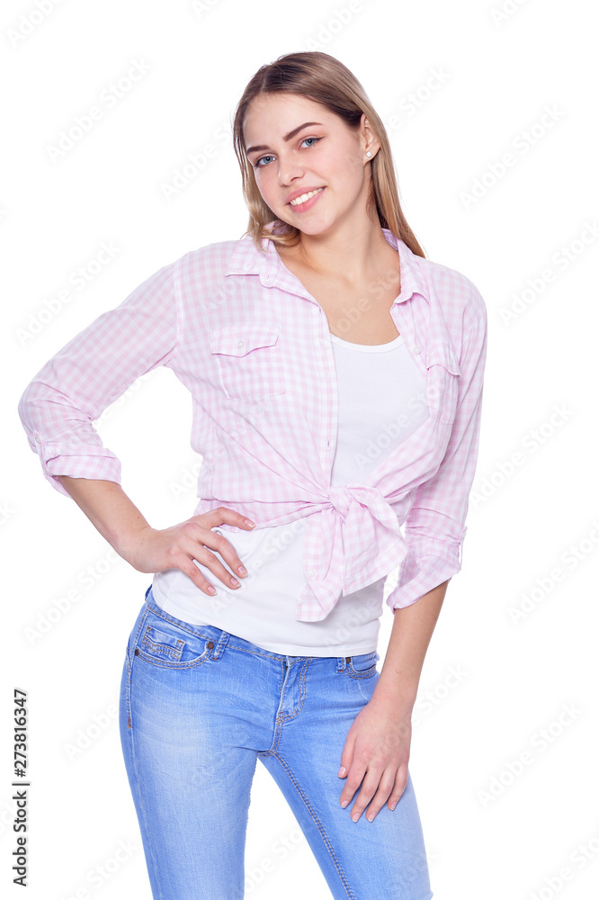 Portrait of beautiful woman wearing casual clothing on white background Portrait of beautiful woman wearing casual clothing on white background