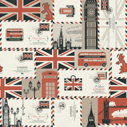 Vector seamless Background on UK and London theme with envelopes, British symbols, architectural landmarks and flag of the United Kingdom in retro style. Can be used as wallpaper or wrapping paper