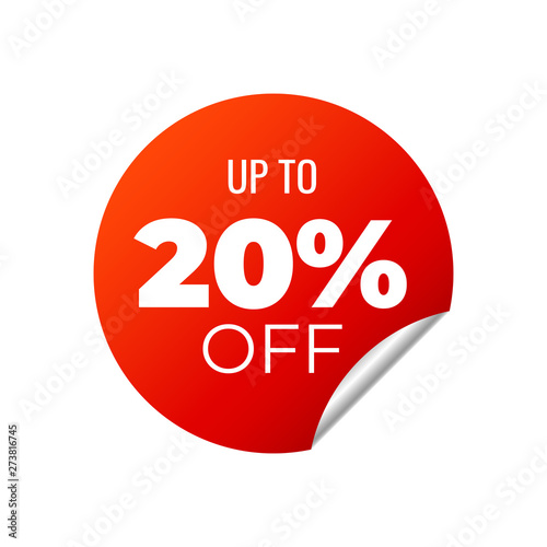 Red Vector Banner Sticker on white background, up to 20 percent off
