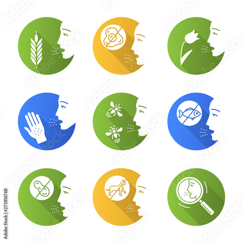 Allergies flat design long shadow glyph icons set