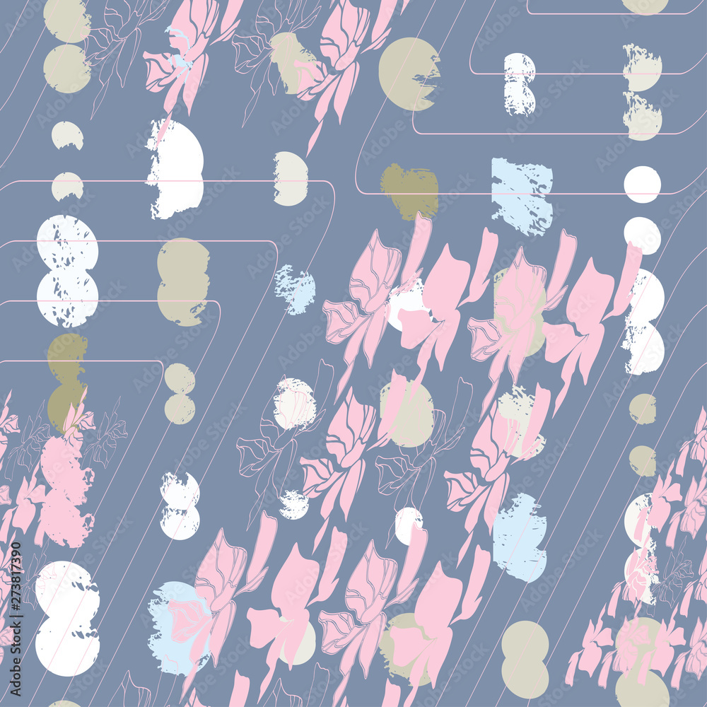 Floral vector seamless pattern with hand drawn stylized flowers, leaves, geometric shapes and abstract paint spots background. Floral vector seamless pattern with hand drawn stylized flowers, leaves, geometric shapes and abstract paint spots background.