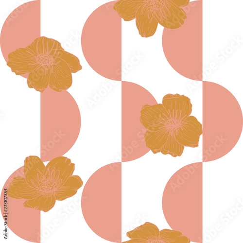 Stylized anemone or poppies flowers  vector seamless pattern. Hand drawn floral background in retro pastel colores and geometric shapes.