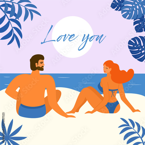 Tropical romantic card with a couple in love. Vector illustration with text.