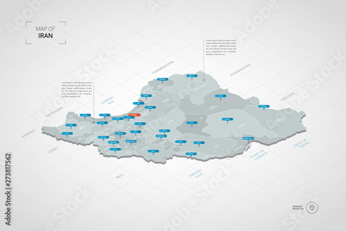 Isometric  3D Iran map. Stylized vector map illustration with cities, borders, capital, administrative divisions and pointer marks; gradient background with grid.